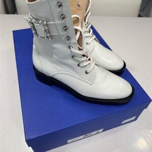 Stuart Weitzman White Lace Up Boots with Rhinestone Buckle